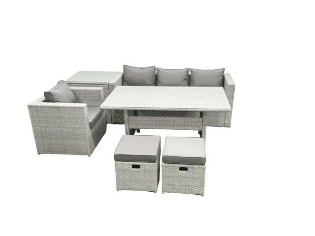 Fimous Rattan Garden Furniture Dining Set 6 Seater Lounge Sofa Chair Dining Table Set with 2 Small Footstools Side Table Light Grey Mixed - image 1