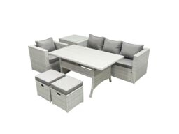 Fimous Rattan Garden Furniture Dining Set 6 Seater Lounge Sofa Chair Dining Table Set with 2 Small Footstools Side Table Light Grey Mixed - thumbnail 2