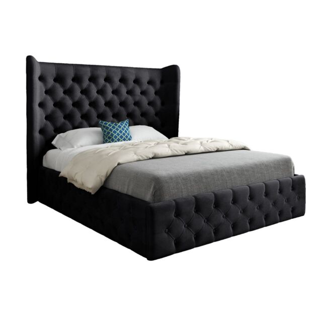 KDMD Dreamer Wide Winged Upholstered Soft Velvet Designer Bed Frame in Black - Size: Double - image 1