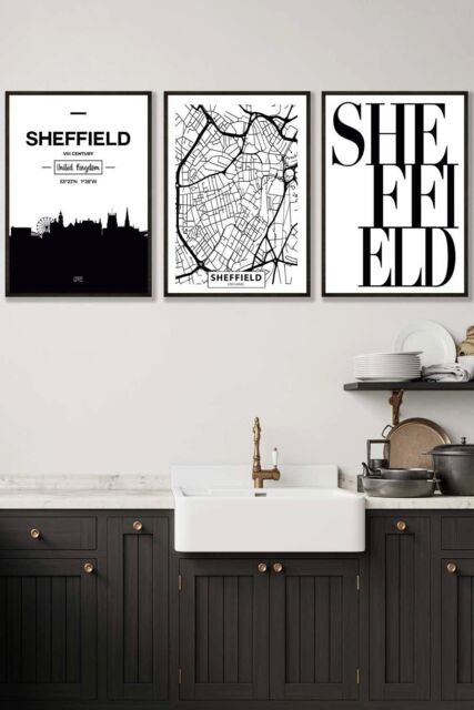 ARTZE SHEFFIELD Skyline Street Map City Prints Framed Wall Art - Medium in Black - Size: W45 cm x H62 cm x D20mm - image 1