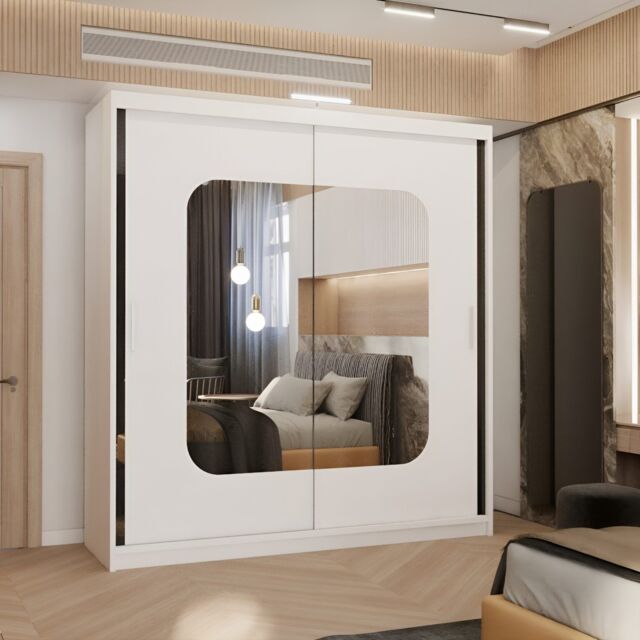 MN Furniture Wardrobe with Double Sliding Mirror Door-LED Light 150x217cm in White - Size: 150x217 cm - image 1