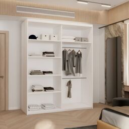 MN Furniture Wardrobe with Double Sliding Mirror Door-LED Light 150x217cm in White - Size: 150x217 cm - thumbnail 3