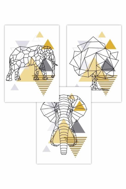 ARTZE Set of 3 Geometric Line Art Yellow Elephant Tree Set Art Posters - Size: W42 cm x H59 cm - image 1