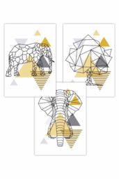 ARTZE Set of 3 Geometric Line Art Yellow Elephant Tree Set Art Posters - Size: W42 cm x H59 cm - thumbnail 1