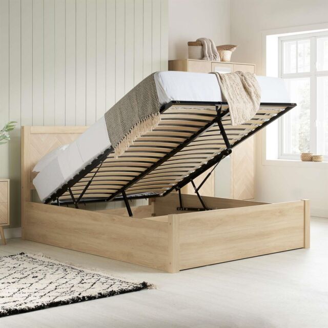 Birlea Double Ottoman Bed Frame Oak Brown Wooden Herringford 4ft 6 135cm in Light Oak - image 1