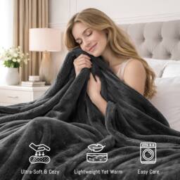 Pamposh Reversible Flannel Fleece Blanket Cozy Bed & Sofa Throw in Dark Grey - Size: Large - thumbnail 4