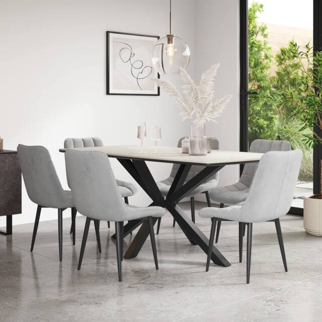 More4Homes Juno White marble Ceramic Dining Table & 6 Nova Velvet Chairs in Grey - image 1