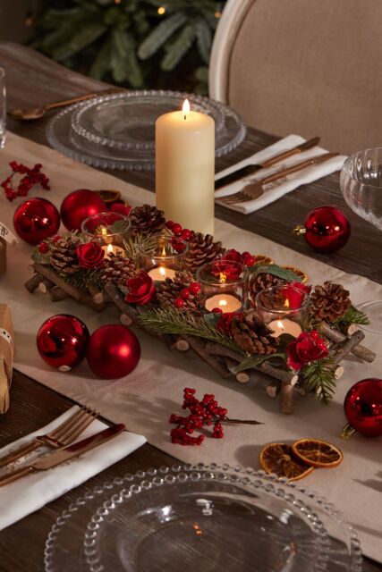 Dibor Set of 2 Christmas Roses Four Tealight Table Decoration Centrepiece Christmas Décor Candle Holders 40cm in Red - Size: 2 Pack - image 1