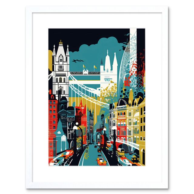 "Artery8 Wall Art Print London Iconic Landmarks Modern Abstract Cityscape Artwork Framed 9X7 Inch in White - Size: W7"" x H9""" - image 1