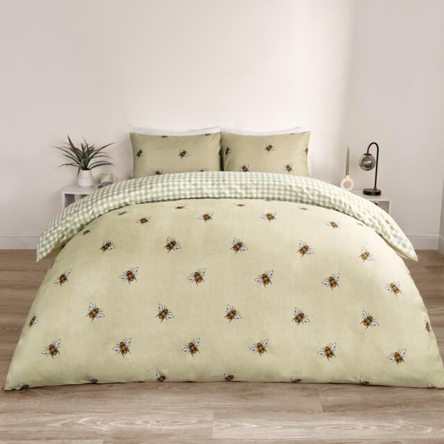 OHS Bee Gingham Reversible Bedding Set Duvet Cover with Pillowcase in Light Green - Size: Double - image 1