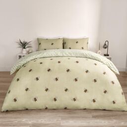 OHS Bee Gingham Reversible Bedding Set Duvet Cover with Pillowcase in Light Green - Size: Double