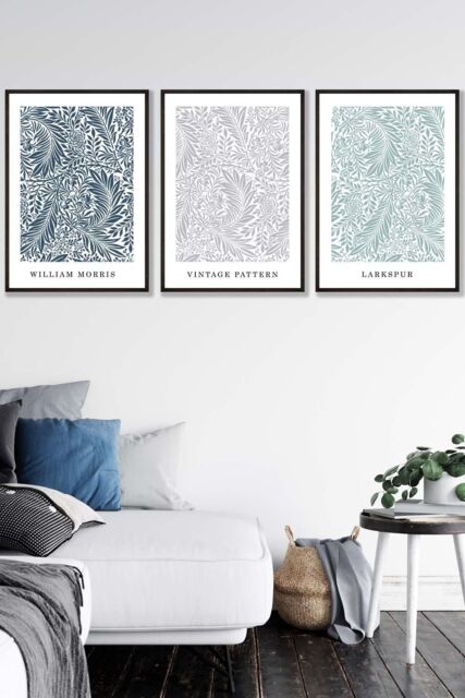 ARTZE Set of 3 Black Framed William Morris Vintage Larkspur Spring Colours Wall Art - Size: W33 cm x H45 cm x D20mm - image 1