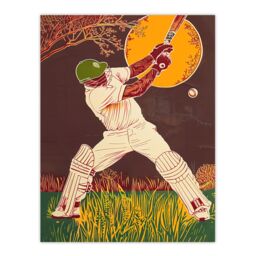 "Artery8 Cricket Player Batsman Portrait Painting Wall Art Print in Brown - Size: W18"" x H24""" - thumbnail 1