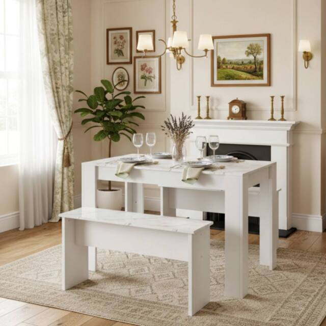 Merax Marble Effect Dining Table with 2 Benches, 3 Piece Kitchen Dining Set in White - image 1