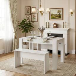 Merax Marble Effect Dining Table with 2 Benches, 3 Piece Kitchen Dining Set in White