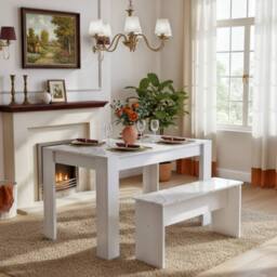 Merax Marble Effect Dining Table with 2 Benches, 3 Piece Kitchen Dining Set in White - thumbnail 4