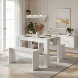 Merax Marble Effect Dining Table with 2 Benches, 3 Piece Kitchen Dining Set in White - thumbnail 3