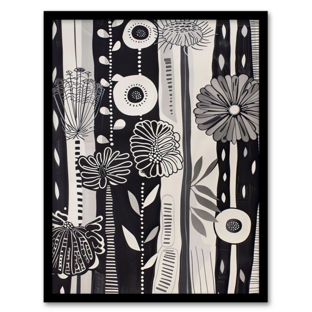 "Artery8 Black White Striped Wildflowers Artwork Floral Framed Art Print in Grey - Size: W12"" x H16""" - image 1