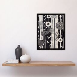 "Artery8 Black White Striped Wildflowers Artwork Floral Framed Art Print in Grey - Size: W12"" x H16""" - thumbnail 4