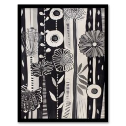 "Artery8 Black White Striped Wildflowers Artwork Floral Framed Art Print in Grey - Size: W12"" x H16""" - thumbnail 1