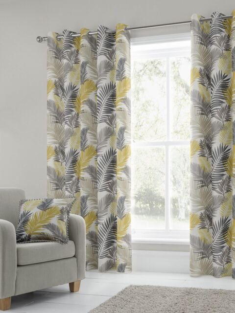 Fusion 'Tropical' Exotic Palm Leaf Print 100% Cotton Eyelet Curtains in Yellow - Size: 117 cm width x 137 cm drop - image 1