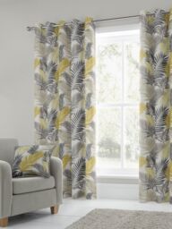 Fusion 'Tropical' Exotic Palm Leaf Print 100% Cotton Eyelet Curtains in Yellow - Size: 117 cm width x 137 cm drop - thumbnail 1