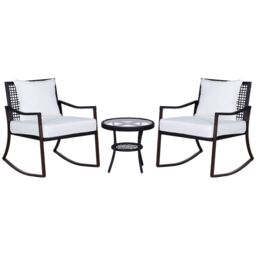OUTSUNNY 3 Pieces Rocking Chair Bistro Set Furniture Coffee Table Rattan Wicker Brown - thumbnail 2
