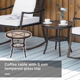 OUTSUNNY 3 Pieces Rocking Chair Bistro Set Furniture Coffee Table Rattan Wicker Brown - thumbnail 4