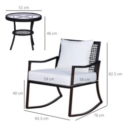 OUTSUNNY 3 Pieces Rocking Chair Bistro Set Furniture Coffee Table Rattan Wicker Brown - thumbnail 3