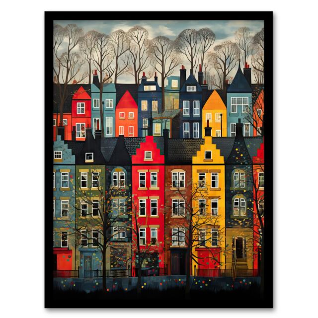 "Artery8 Townhouse Row Bright Coloured Streets City Autumn Modern Painting Art Print Framed Poster Wall Decor in Black - Size: W12"" x H16""" - image 1