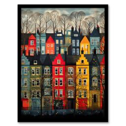 "Artery8 Townhouse Row Bright Coloured Streets City Autumn Modern Painting Art Print Framed Poster Wall Decor in Black - Size: W12"" x H16""" - thumbnail 1