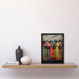 "Artery8 Townhouse Row Bright Coloured Streets City Autumn Modern Painting Art Print Framed Poster Wall Decor in Black - Size: W12"" x H16""" - thumbnail 4