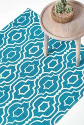 Homescapes Riga 100% Cotton Printed Patterned Rug in Teal - Size: 120 cm x 170 cm