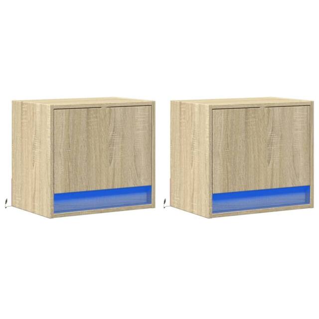 Berkfield Home Durable Wall-mounted Bedside Cabinets with LED Lights 2 pcs Sonoma Oak in Light Tan - image 1