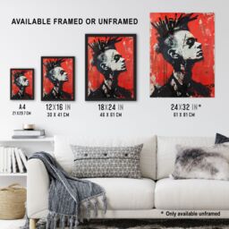 Artery8 Punk Mohawk Modern Portrait Street Art Goth Framed Art Print in Red - Size: A4 - thumbnail 3