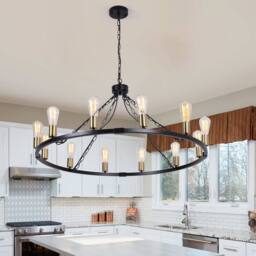 NIVOR 12 Lights Waggon Wheel Chandelier Adjustable Kitchen Pendant E27 in Black - thumbnail 1