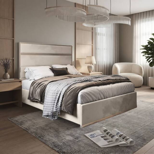 KDMD Holt Upholstered Soft Velvet Beige Metal Designer Bed Frame in Cream - Size: Single - image 1