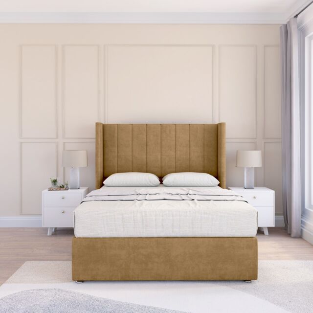 "Sloomy Falcon Plush Wingback Bed Set, No Drawers & 54"" Floor Standing Headboard in Light Brown - Size: Small Single" - image 1
