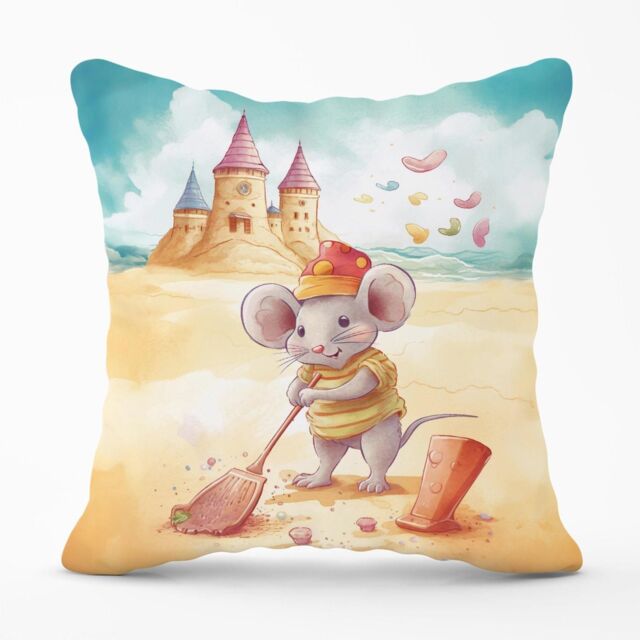 Warren Reed - Designer Mouse On A Beach Holiday Outdoor Cushion in Yellow - Size: 45 cm x 45 cm - image 1