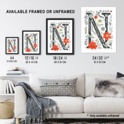 Artery8 Women's Wall Art Print Letter N in Poppies Wildflowers Pen Drawing Floral Word Art Framed - Size: A4 - thumbnail 3