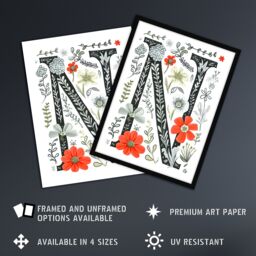 Artery8 Women's Wall Art Print Letter N in Poppies Wildflowers Pen Drawing Floral Word Art Framed - Size: A4 - thumbnail 2