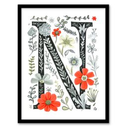 Artery8 Women's Wall Art Print Letter N in Poppies Wildflowers Pen Drawing Floral Word Art Framed - Size: A4 - thumbnail 1
