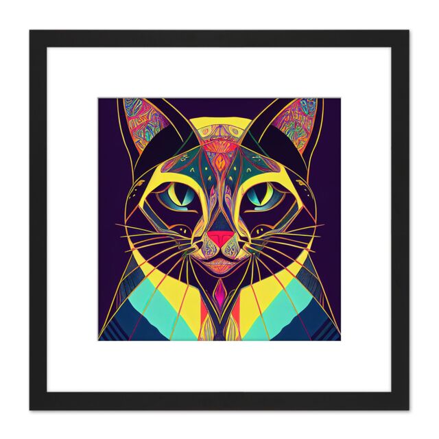 Artery8 Colourful Multicoloured New Age Folk Style Cat Portrait Illustration Square Wooden Framed Wall Art Print Picture 8X8 Inch in Black - image 1