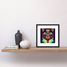 Artery8 Colourful Multicoloured New Age Folk Style Cat Portrait Illustration Square Wooden Framed Wall Art Print Picture 8X8 Inch in Black - thumbnail 2