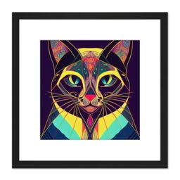 Artery8 Colourful Multicoloured New Age Folk Style Cat Portrait Illustration Square Wooden Framed Wall Art Print Picture 8X8 Inch in Black - thumbnail 1