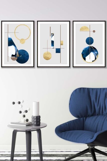 ARTZE Abstract Textured Geometric Art in Navy Blue & Gold Framed Wall Art - Medium in Black - Size: W45 cm x H62 cm x D20mm - image 1