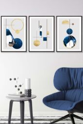 ARTZE Abstract Textured Geometric Art in Navy Blue & Gold Framed Wall Art - Medium in Black - Size: W45 cm x H62 cm x D20mm