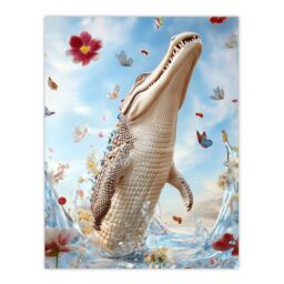 "Artery8 Crocodile Flowers Butterflies Surreal Beauty Shot Wall Art Print in Blue - Size: W18"" x H24""" - thumbnail 1