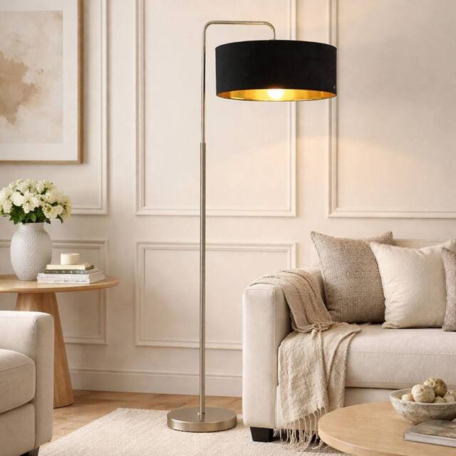 CGC Lighting Kyra Brushed Nickel Angled Floor Lamp with Large 45cm Velvet Lampshade in Black - image 1