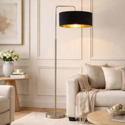 CGC Lighting Kyra Brushed Nickel Angled Floor Lamp with Large 45cm Velvet Lampshade in Black